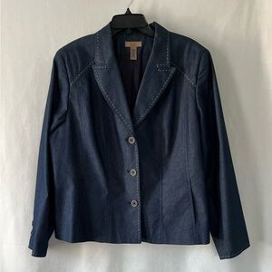 I.e. Woman’s Size 20W Denim Blue Blazer with white whipped Stitching.